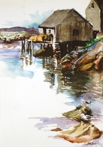 Philip Bates Artist "Harbor in Nova Scotia 1" Mixed Media 8 X 11 $150 framed