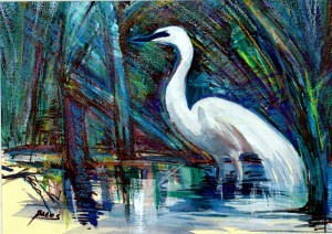 Philip Bates Artist "Marsh Bird at Harris Neck" Mixed Media 10 X14 $100 unframed
