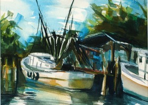 Philip Bates Artist "Shrimp Boats" 7X10 mixed media $100 framed