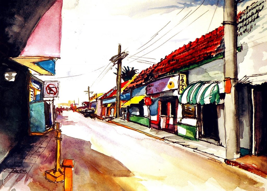 Philip Bates Artist "Street Scene- Isla Mujeres, Mexico" Mixed Media 8 1/2 X 11 3/4 $120 unframed