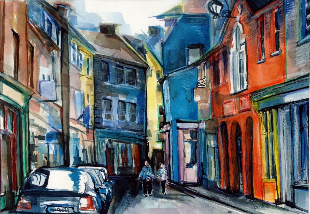 Philip Bates Artist "Street Scene- Kensale, Ireland" 13X19 mixed media $150 framed